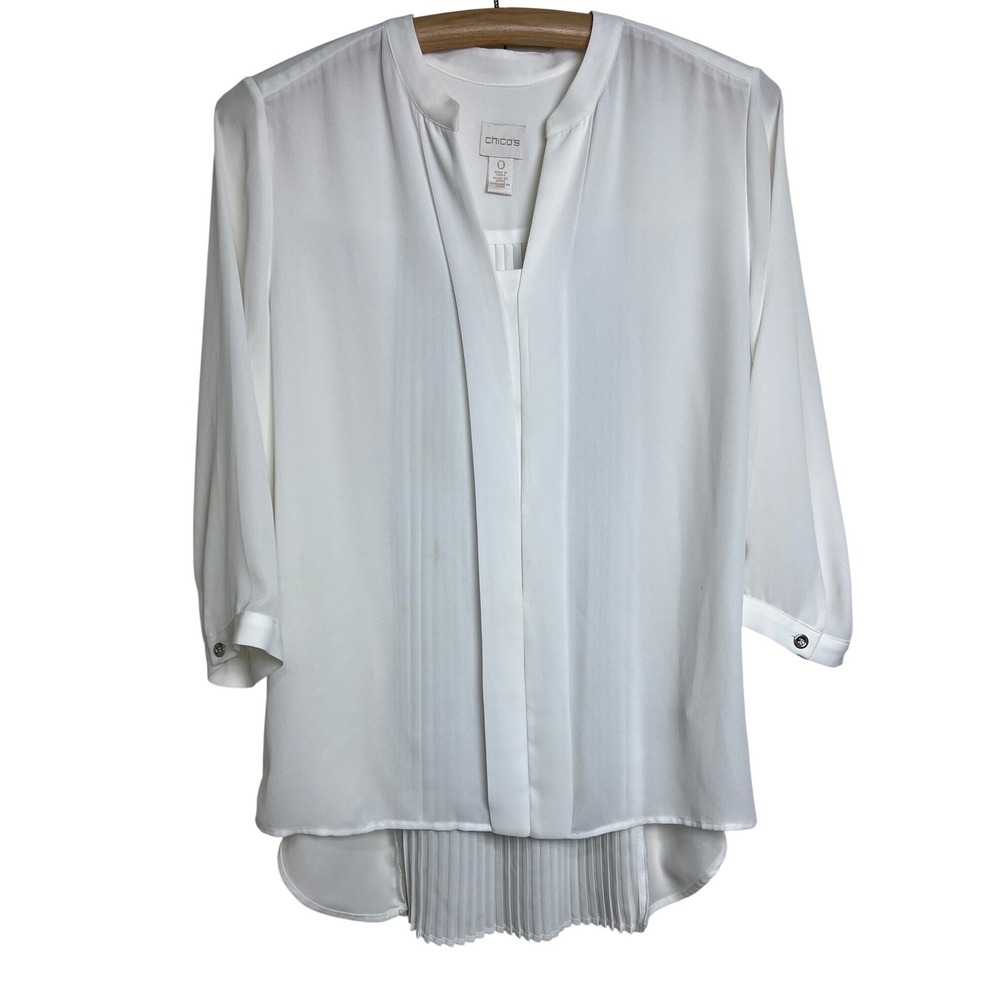 Chico's Blouse Women 0 White Pleated Back Metallic Silver Accent Career Wear B46
